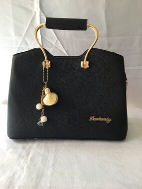 344 Black Satchel with Gold Charm Accents